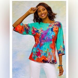 Soft Surroundings Marciana Bright Abstract Watercolor Sea Reef 3/4 Sleeve Top XS